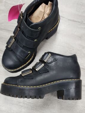 Dr. Martens Black Leather Triple-Buckle Platform Heeled Boots